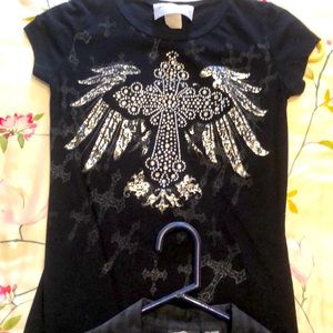 Black t-shirt with rhinestone cross. Lots of bling. Worn once or twice.